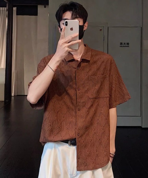NOWLE(ノウル)の「【NOWLE】ダイヤレース 半袖 オープンカラーシャツ / スマートリラックス サマートップス(シャツ/ブラウス・メンズ・ブラウン/ホワイト/ブラック・X-LARGE/LARGE/MEDIUM)」の3枚目の写真