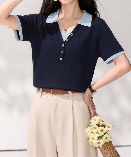 ＆soiree（アンドソワレ）の「レイヤード風バイカラー半袖トップス（その他トップス・レディース・ネイビー・SMALL/MEDIUM/LARGE）」の2枚目の写真
