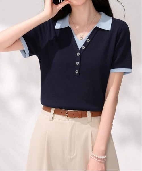 ＆soiree（アンドソワレ）の「レイヤード風バイカラー半袖トップス（その他トップス・レディース・ネイビー・SMALL/MEDIUM/LARGE）」の3枚目の写真