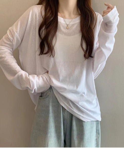 MELT(メルト)の「クルーネックベーシックシアーロンT(Tシャツ/カットソー・レディース・ホワイト/ブラック/オフホワイト/ブルー・FREE)」の1枚目の写真