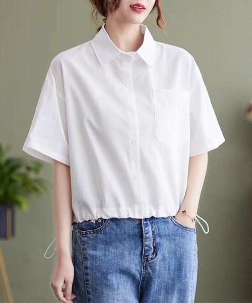 ONEP STAR(ワンピスター)の「裾ドロスト半袖シャツ(シャツ/ブラウス・レディース・カーキ/ブルー/ホワイト・MEDIUM/LARGE/X-LARGE)」の1枚目の写真