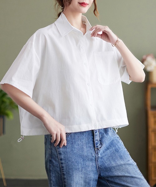 ONEP STAR(ワンピスター)の「裾ドロスト半袖シャツ(シャツ/ブラウス・レディース・カーキ/ブルー/ホワイト・MEDIUM/LARGE/X-LARGE)」の4枚目の写真