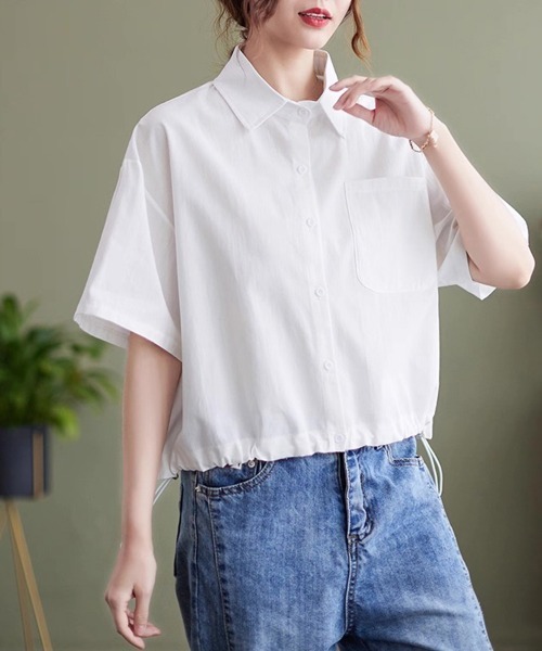 ONEP STAR(ワンピスター)の「裾ドロスト半袖シャツ(シャツ/ブラウス・レディース・カーキ/ブルー/ホワイト・MEDIUM/LARGE/X-LARGE)」の5枚目の写真