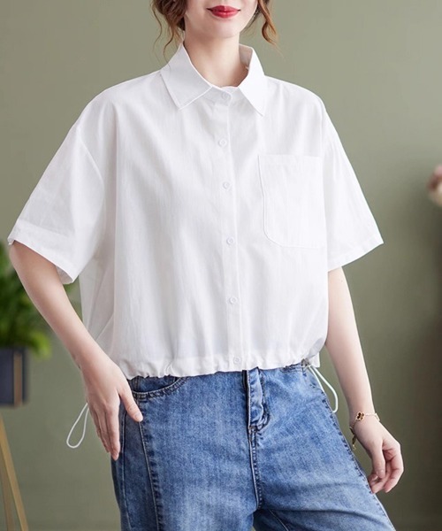 ONEP STAR(ワンピスター)の「裾ドロスト半袖シャツ(シャツ/ブラウス・レディース・カーキ/ブルー/ホワイト・MEDIUM/LARGE/X-LARGE)」の6枚目の写真