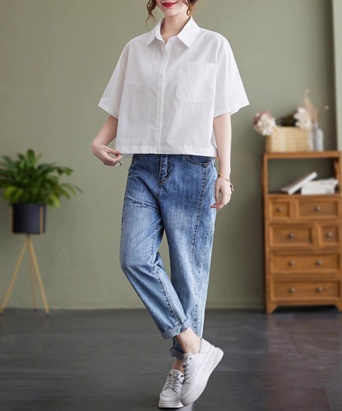 ONEP STAR(ワンピスター)の「裾ドロスト半袖シャツ(シャツ/ブラウス・レディース・カーキ/ブルー/ホワイト・MEDIUM/LARGE/X-LARGE)」の8枚目の写真
