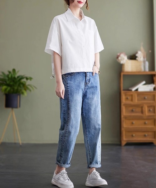 ONEP STAR(ワンピスター)の「裾ドロスト半袖シャツ(シャツ/ブラウス・レディース・カーキ/ブルー/ホワイト・MEDIUM/LARGE/X-LARGE)」の9枚目の写真