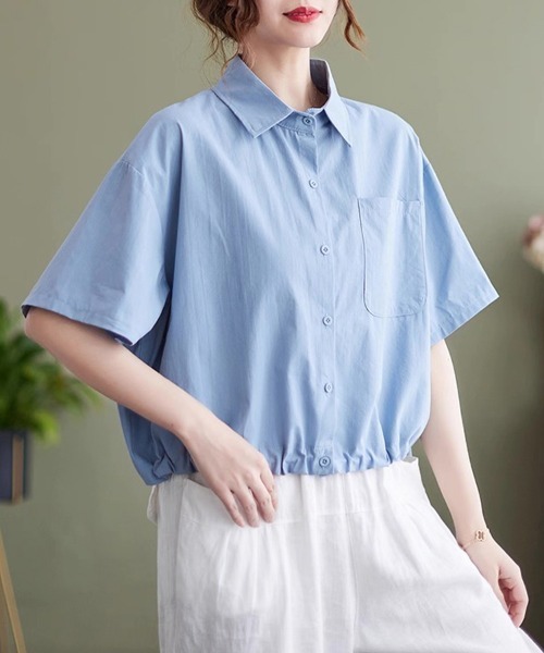 ONEP STAR(ワンピスター)の「裾ドロスト半袖シャツ(シャツ/ブラウス・レディース・カーキ/ブルー/ホワイト・MEDIUM/LARGE/X-LARGE)」の10枚目の写真