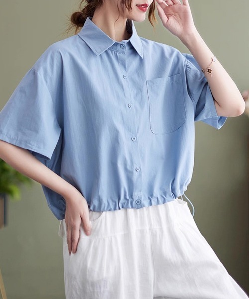 ONEP STAR(ワンピスター)の「裾ドロスト半袖シャツ(シャツ/ブラウス・レディース・カーキ/ブルー/ホワイト・MEDIUM/LARGE/X-LARGE)」の11枚目の写真