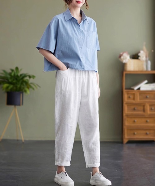 ONEP STAR(ワンピスター)の「裾ドロスト半袖シャツ(シャツ/ブラウス・レディース・カーキ/ブルー/ホワイト・MEDIUM/LARGE/X-LARGE)」の12枚目の写真