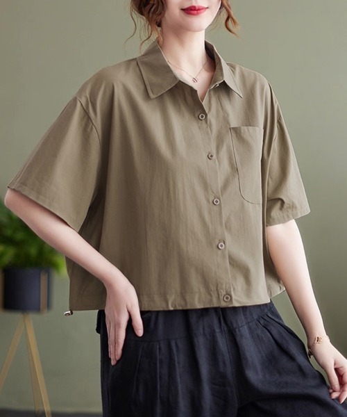 ONEP STAR(ワンピスター)の「裾ドロスト半袖シャツ(シャツ/ブラウス・レディース・カーキ/ブルー/ホワイト・MEDIUM/LARGE/X-LARGE)」の13枚目の写真