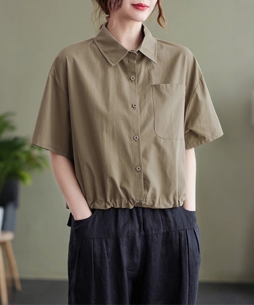 ONEP STAR(ワンピスター)の「裾ドロスト半袖シャツ(シャツ/ブラウス・レディース・カーキ/ブルー/ホワイト・MEDIUM/LARGE/X-LARGE)」の14枚目の写真