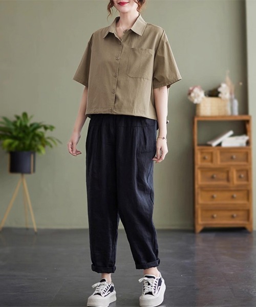 ONEP STAR(ワンピスター)の「裾ドロスト半袖シャツ(シャツ/ブラウス・レディース・カーキ/ブルー/ホワイト・MEDIUM/LARGE/X-LARGE)」の15枚目の写真