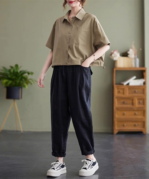 ONEP STAR(ワンピスター)の「裾ドロスト半袖シャツ(シャツ/ブラウス・レディース・カーキ/ブルー/ホワイト・MEDIUM/LARGE/X-LARGE)」の16枚目の写真