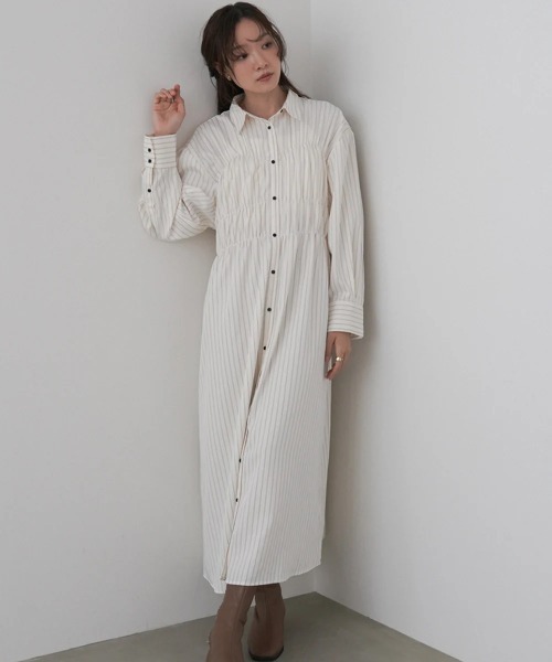 Bab(バブ)の「【選べるサイズ展開】ストライプビスチェ風シャツワンピース(シャツワンピース・レディース・グレイッシュベージュ/ブラウン/アイボリー・MEDIUM/SMALL/LARGE)」の12枚目の写真