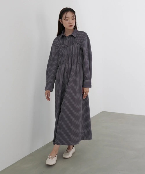 Bab(バブ)の「【選べるサイズ展開】ストライプビスチェ風シャツワンピース(シャツワンピース・レディース・グレイッシュベージュ/ブラウン/アイボリー・MEDIUM/SMALL/LARGE)」の13枚目の写真