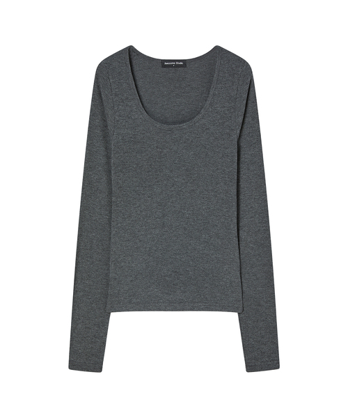 AWESOME STUDIO(オーサムスタジオ)の「UネックリブスリムTシャツ (6COL)(Tシャツ/カットソー・レディース・ホワイト/チャコールグレー/ブラック/ブラウン/ミックスグレー/ブルー・FREE)」の3枚目の写真