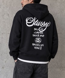 【STUSSY】ステューシー WORLD TOUR CREW PIGMENT DYED ワールドツアー ロゴ ジップ プルオーバーフーディー