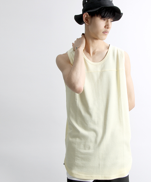 WEGO（ウィゴー）の「WEGO/ワッフルラウンドロングタンクトップ（タンクトップ・メンズ・ブラック/レッド系その他5/ブラック系その他5/ホワイト/ブルー系その他/ライトイエロー/杢グレー・LARGE/MEDIUM/SMALL）」の7枚目の写真