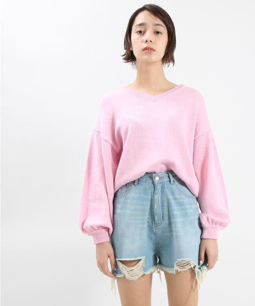 PUNYUS（プニュズ）の「バルーンスリーブニット（Tシャツ/カットソー・レディース・ホワイト/ブラック/サックスブルー/ライトピンク/グレー/杢グレー・4/3/2/1）」の6枚目の写真