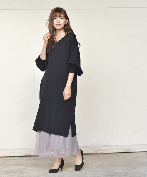 rps(アールピーエス)の「ボリューム袖Vネックニットワンピース(ワンピース・レディース・ベージュ/ラベンダー/アイボリー/ブラック/杢グレー/グレー系その他/キャメル/カーキ/ボルドー・M)」の16枚目の写真