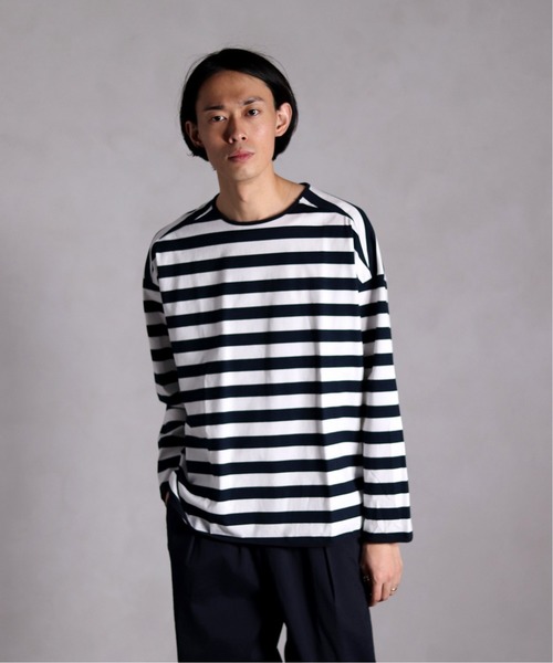 EDIFICE LA BOUCLE（エディフィスラブークル）の「【EDIFICE LA BOUCLE / ラブ―クル】クルーネックロングスリーブ ボーダーワイド（Tシャツ/カットソー・メンズ・ブラック/ネイビー・44/46/48）」の2枚目の写真