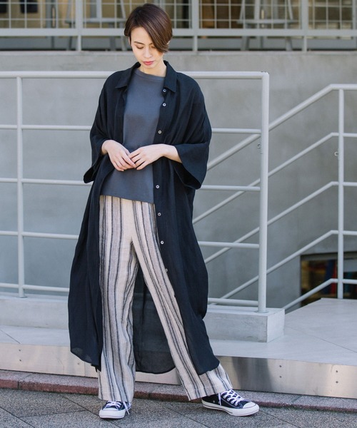 Munich(ミューニック)の「シアーリネンシャツワンピース(リゾート マキシワンピース)(シャツワンピース・レディース・ホワイト/ブラック/オレンジ・FREE)」の3枚目の写真