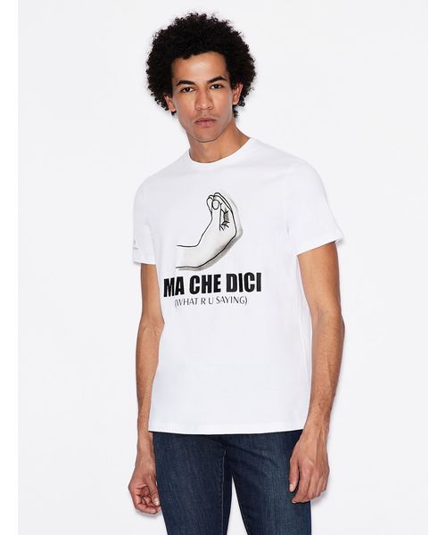ARMANI EXCHANGE(アルマーニエクスチェンジ)の「【A|Xアルマーニ エクスチェンジ】イタリアンジェスチャーデザイン 半袖クルーネックTシャツ/SLIM(Tシャツ/カットソー・メンズ・ホワイト・LARGE/X-LARGE/SMALL/X-SMALL/MEDIUM)」の1枚目の写真