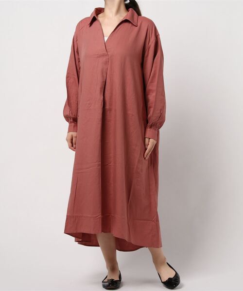 HONEYSUCKLE ROSE（ハニーサックルローズ）の「【HONEYSUCKLE ROSE】テントラインワンピース（シャツワンピース・レディース・オフホワイト/ライトブラウン/ピンク・M/L）」の3枚目の写真