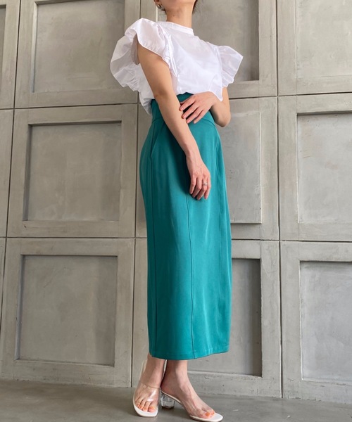 moment+（モーメントプラス）の「エステルストレッチツイルハイウエストタイトスカート（スカート・レディース・アイボリー/ベージュ/グリーン/オレンジ/ブラック/グレイッシュベージュ/ライトグリーン/パープル・M/S/L）」の9枚目の写真