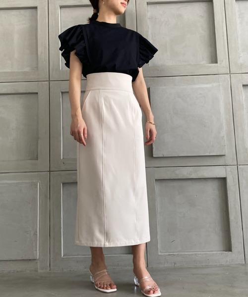 moment+（モーメントプラス）の「エステルストレッチツイルハイウエストタイトスカート（スカート・レディース・アイボリー/ベージュ/グリーン/オレンジ/ブラック/グレイッシュベージュ/ライトグリーン/パープル・M/S/L）」の11枚目の写真