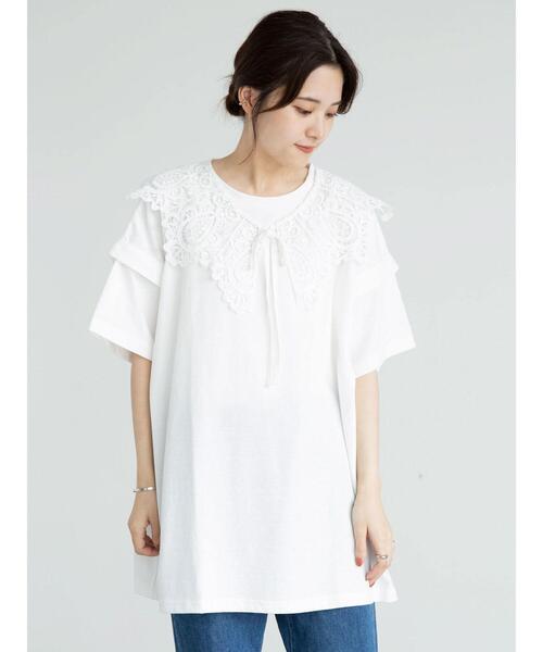 RAY CASSIN FAVORI（レイカズンフェバリ）の「・RAY CASSIN ＳＥＴ２点　レースエリ×チュニックＴ＊（Tシャツ/カットソー・レディース・チャコールグレー/オフホワイト/ベージュ/ブラック・FREE）」の5枚目の写真