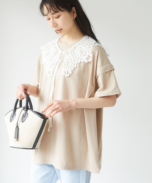 RAY CASSIN FAVORI（レイカズンフェバリ）の「・RAY CASSIN ＳＥＴ２点　レースエリ×チュニックＴ＊（Tシャツ/カットソー・レディース・チャコールグレー/オフホワイト/ベージュ/ブラック・FREE）」の4枚目の写真