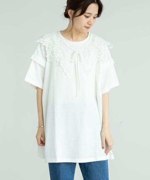 RAY CASSIN FAVORI（レイカズンフェバリ）の「・RAY CASSIN ＳＥＴ２点　レースエリ×チュニックＴ＊（Tシャツ/カットソー・レディース・チャコールグレー/オフホワイト/ベージュ/ブラック・FREE）」の2枚目の写真