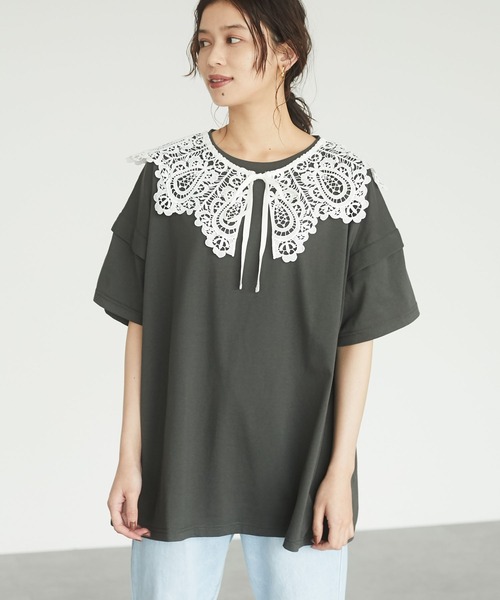 RAY CASSIN FAVORI（レイカズンフェバリ）の「・RAY CASSIN ＳＥＴ２点　レースエリ×チュニックＴ＊（Tシャツ/カットソー・レディース・チャコールグレー/オフホワイト/ベージュ/ブラック・FREE）」の3枚目の写真