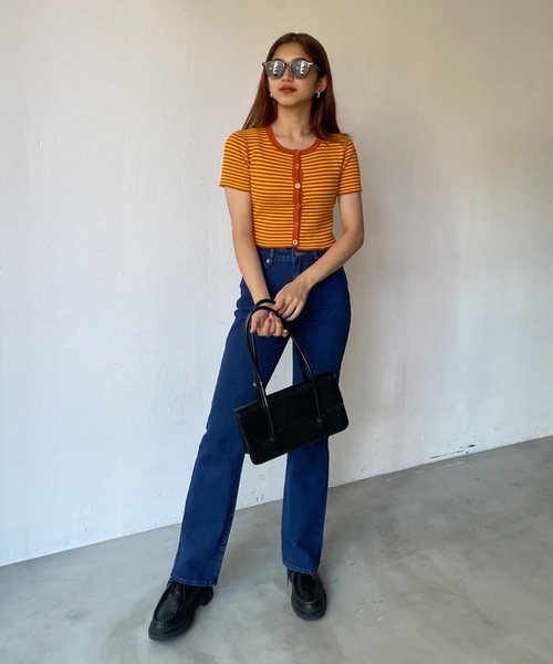 SHAGGIE（シャギー）の「ボーダーニットカーディガン（カーディガン/ボレロ・レディース・ブラック/オレンジ/グリーン・FREE）」の10枚目の写真