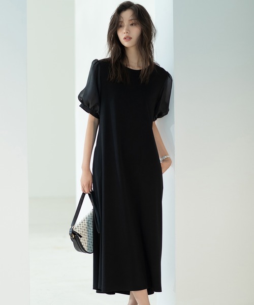 Papillon セゾンドパピヨン のファッション ワンピース シアー素材ボリュームスリーブスモックワンピース ワンピース Saison De