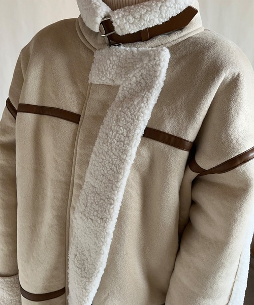 JUNOAH（ジュノア）の「パイピングムートンコート（ムートンコート・レディース・ブラウン系その他/ライトベージュ/ライトブルー・LARGE/MEDIUM）」の6枚目の写真