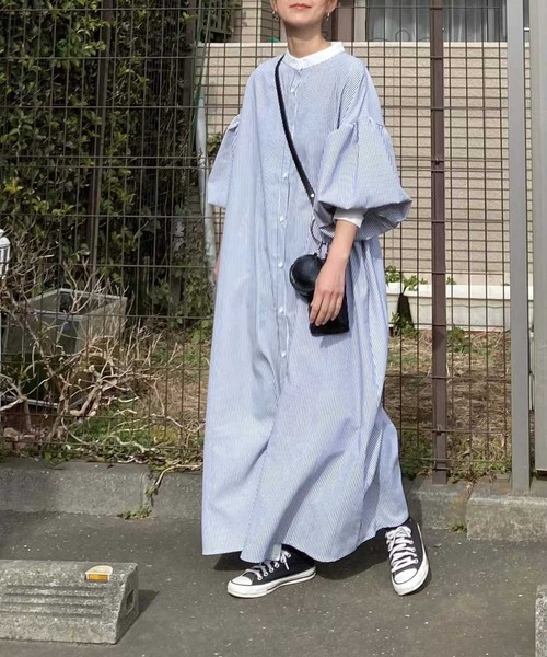 CORNERSbyKRボリュームスリーブストライプシャツワンピース