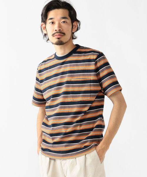 BEAMS PLUS（ビームスプラス）の「BEAMS PLUS / マルチカラー ボーダー ポケットTシャツ（Tシャツ/カットソー・メンズ・サックスブルー/ブラウン/ホワイト/ブラック/オレンジ・XL/S/M/L）」の21枚目の写真