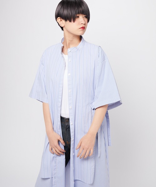 美品 スミスタイル サイドプリーツ ストライプシャツ ブルー イアパピヨネ サイドLINEストライプシャツ 416974 | BlueOnionStore