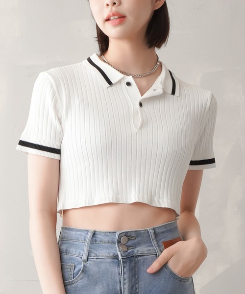 SPINNS（スピンズ）の「ショート丈 ラインニットポロシャツ（ポロシャツ・レディース・オレンジ/グリーン/ホワイト×ブラック/ブラック×ホワイト・ONESIZE）」の2枚目の写真