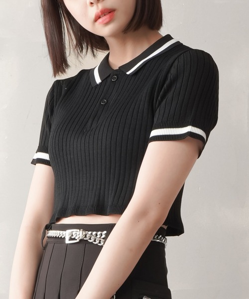 SPINNS（スピンズ）の「ショート丈 ラインニットポロシャツ（ポロシャツ・レディース・オレンジ/グリーン/ホワイト×ブラック/ブラック×ホワイト・ONESIZE）」の3枚目の写真