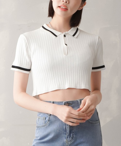 SPINNS（スピンズ）の「ショート丈 ラインニットポロシャツ（ポロシャツ・レディース・オレンジ/グリーン/ホワイト×ブラック/ブラック×ホワイト・ONESIZE）」の11枚目の写真