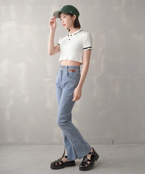 SPINNS（スピンズ）の「ショート丈 ラインニットポロシャツ（ポロシャツ・レディース・オレンジ/グリーン/ホワイト×ブラック/ブラック×ホワイト・ONESIZE）」の12枚目の写真