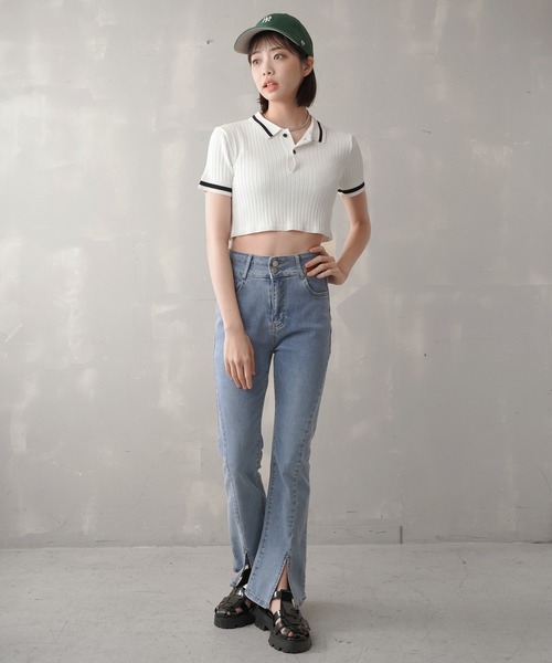 SPINNS（スピンズ）の「ショート丈 ラインニットポロシャツ（ポロシャツ・レディース・オレンジ/グリーン/ホワイト×ブラック/ブラック×ホワイト・ONESIZE）」の13枚目の写真