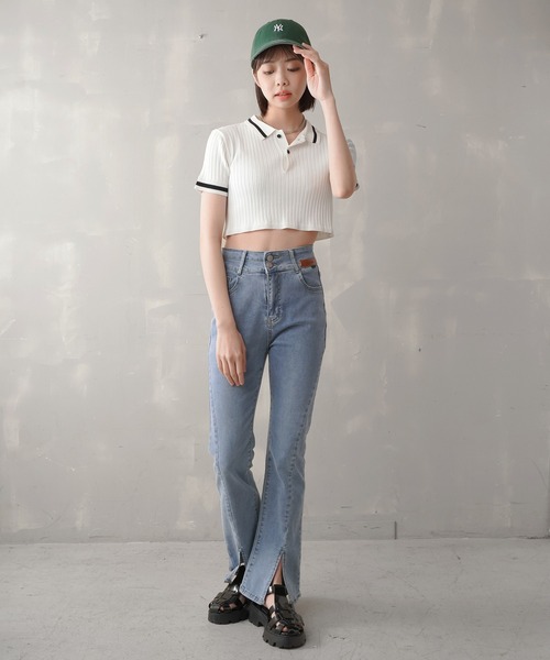 SPINNS（スピンズ）の「ショート丈 ラインニットポロシャツ（ポロシャツ・レディース・オレンジ/グリーン/ホワイト×ブラック/ブラック×ホワイト・ONESIZE）」の14枚目の写真