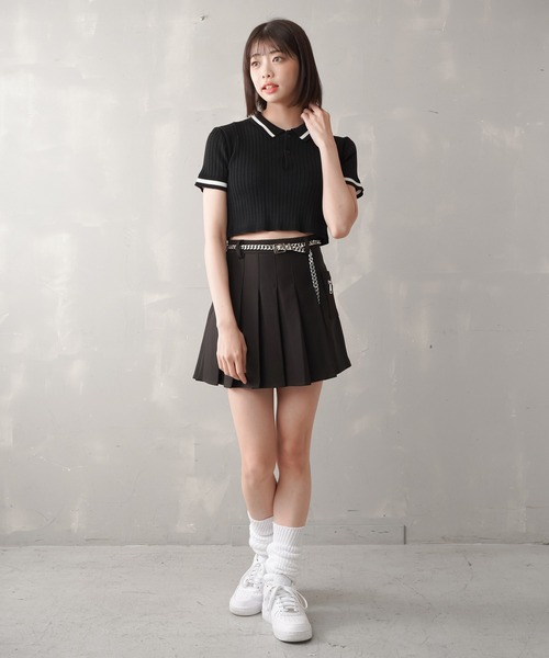 SPINNS（スピンズ）の「ショート丈 ラインニットポロシャツ（ポロシャツ・レディース・オレンジ/グリーン/ホワイト×ブラック/ブラック×ホワイト・ONESIZE）」の16枚目の写真