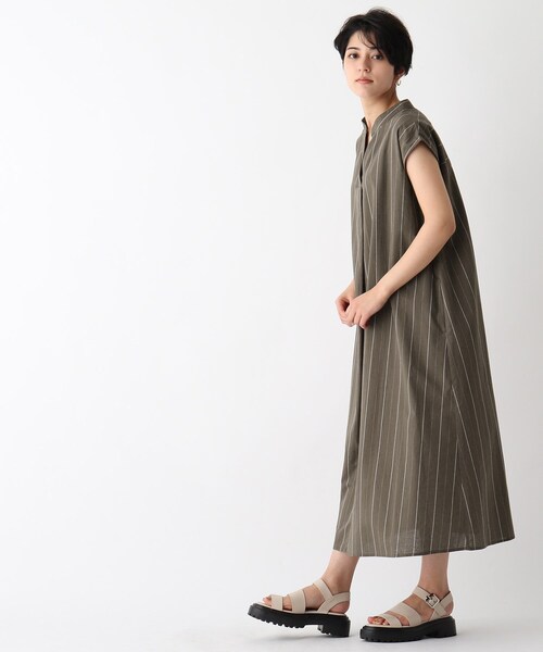 OPAQUE.CLIP（オペークドットクリップ）の「◆綿麻ストライプスキッパーワンピース（ワンピース・レディース・ブラウン系その他3/ブルー系7・40/38/36）」の6枚目の写真