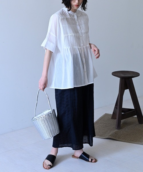 ブラウス シャツ シアーストライプ タックデザインブラウス レディース 春SALE！【UVケア／カラーストライプ柄】タックデザインブラウス