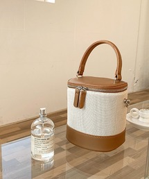 【2Way】キャンバス×レザー配色バケツハンドバッグ/ショルダーバッグ